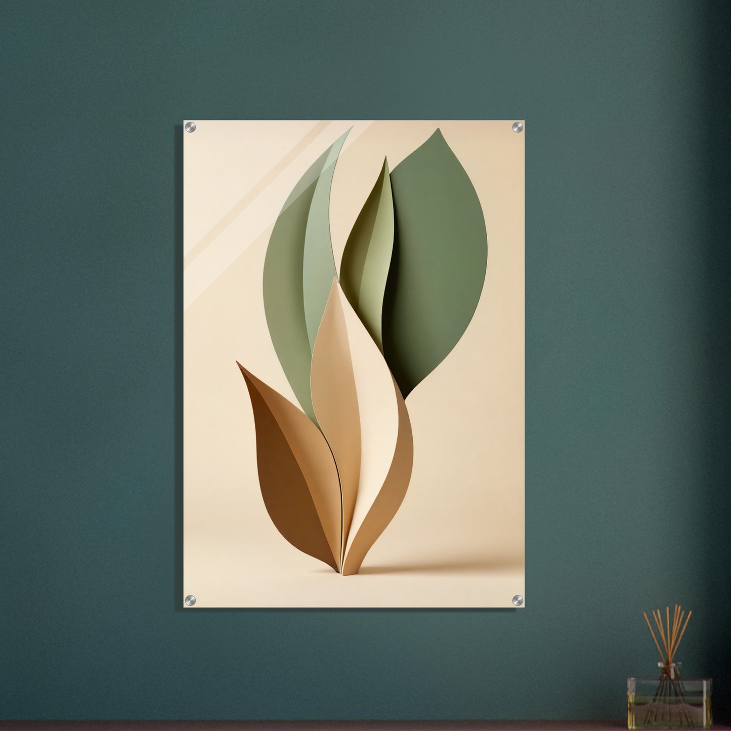 Acrylic glass wall art, Organic Flow: Muted Green and Beige Leaf Art Print