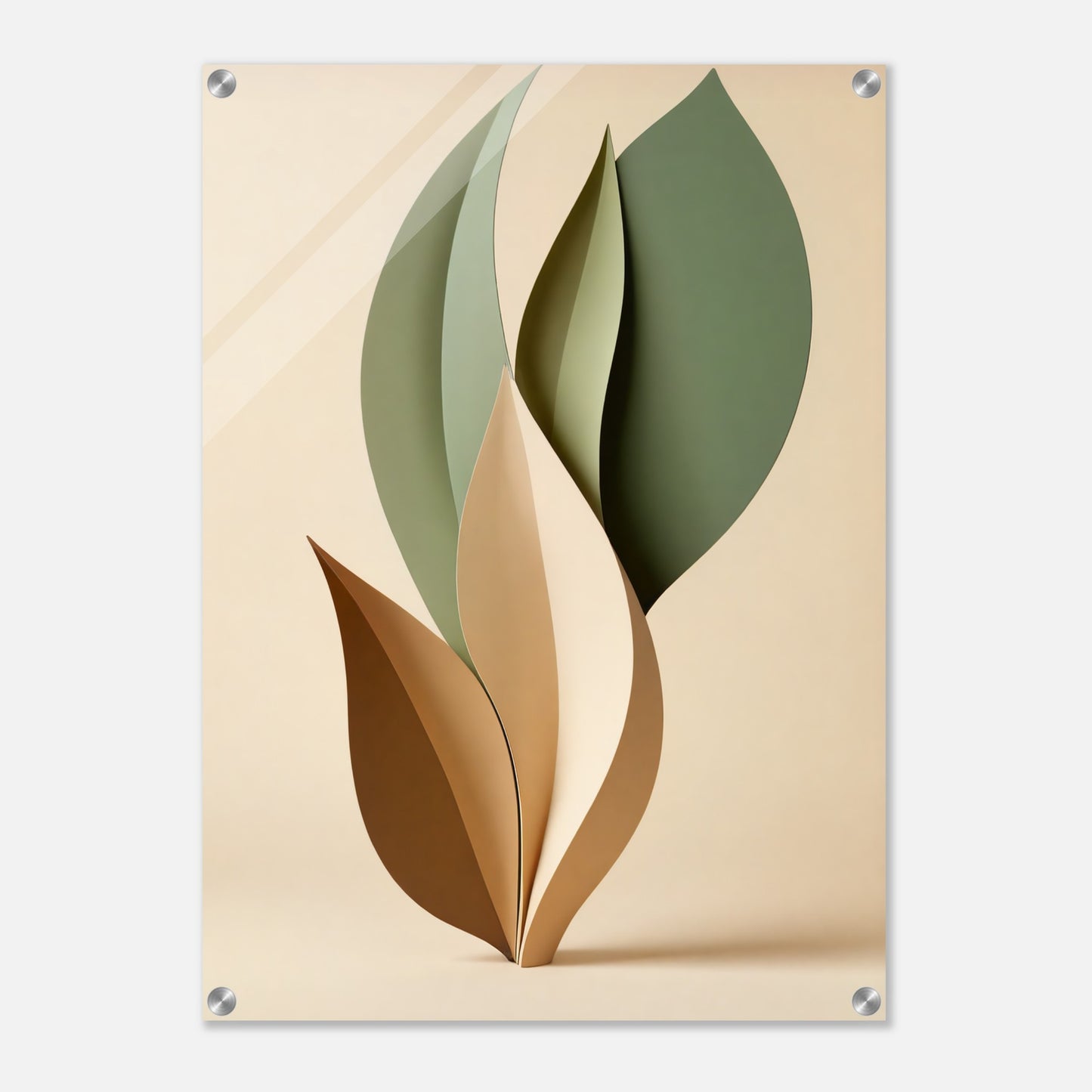 Acrylic glass wall art, Organic Flow: Muted Green and Beige Leaf Art Print