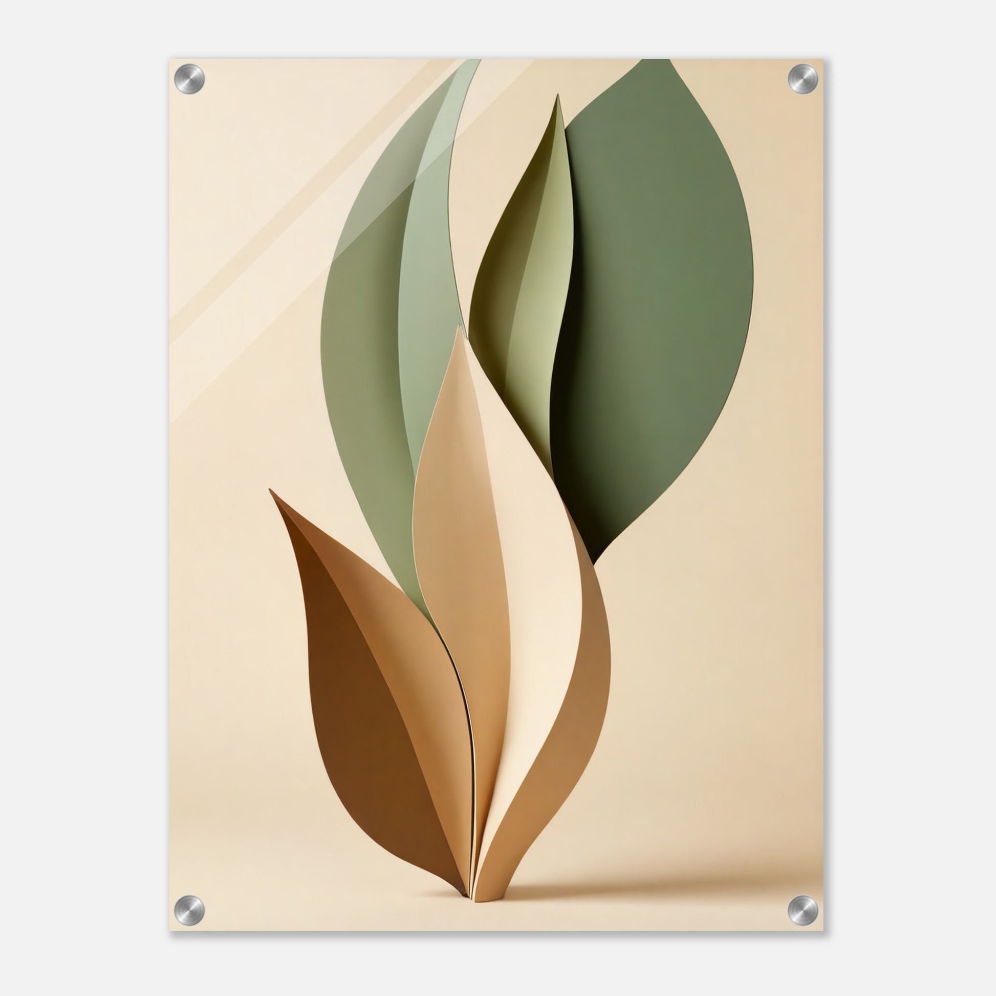 Acrylic glass wall art, Organic Flow: Muted Green and Beige Leaf Art Print