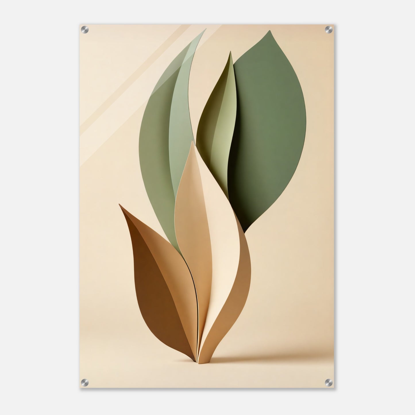 Acrylic glass wall art, Organic Flow: Muted Green and Beige Leaf Art Print