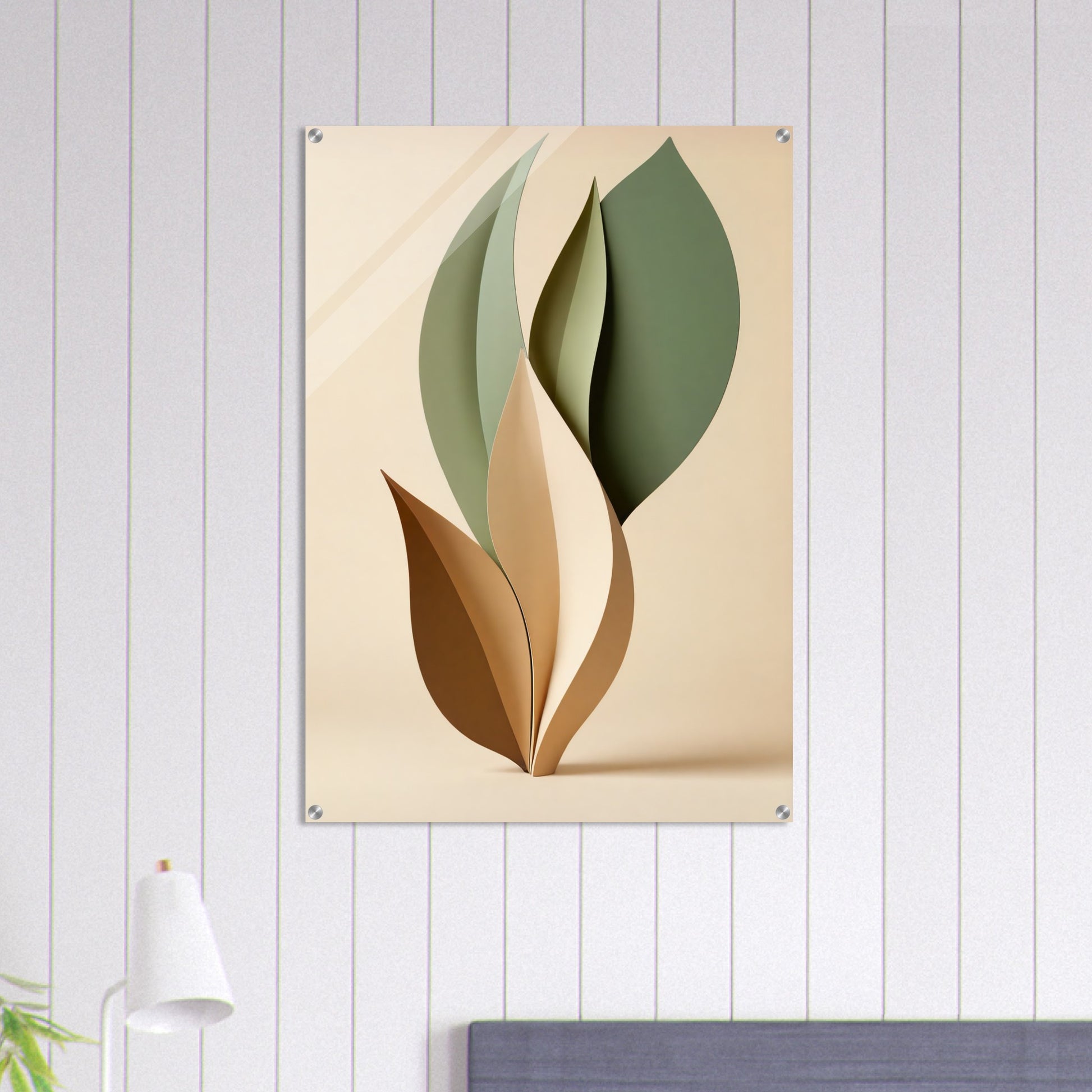 Acrylic glass wall art, Organic Flow: Muted Green and Beige Leaf Art Print