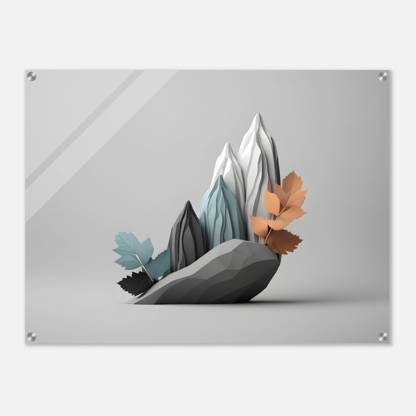 Stunning Minimalist Abstract Acrylic Print of Mountains and Leaves