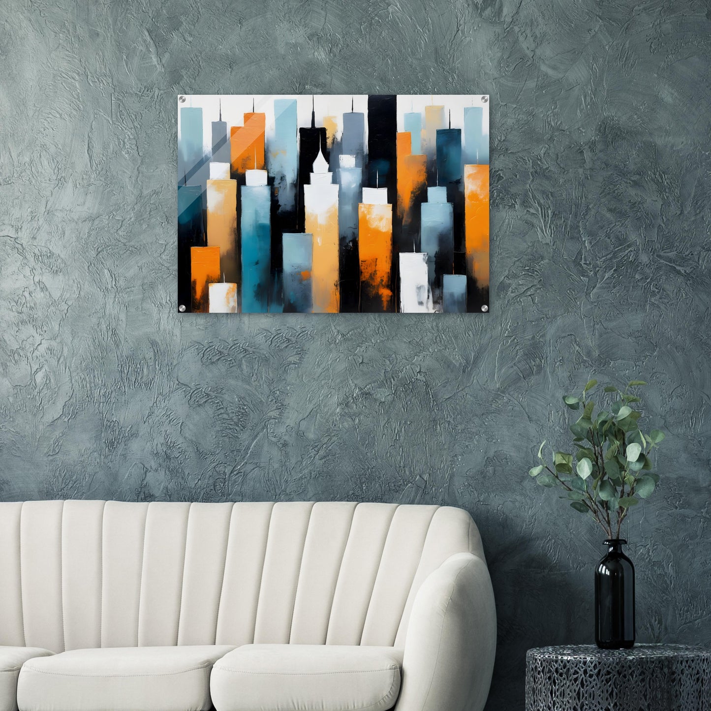 Vibrant Urban Dreams: Abstract Acrylic Skyline Print