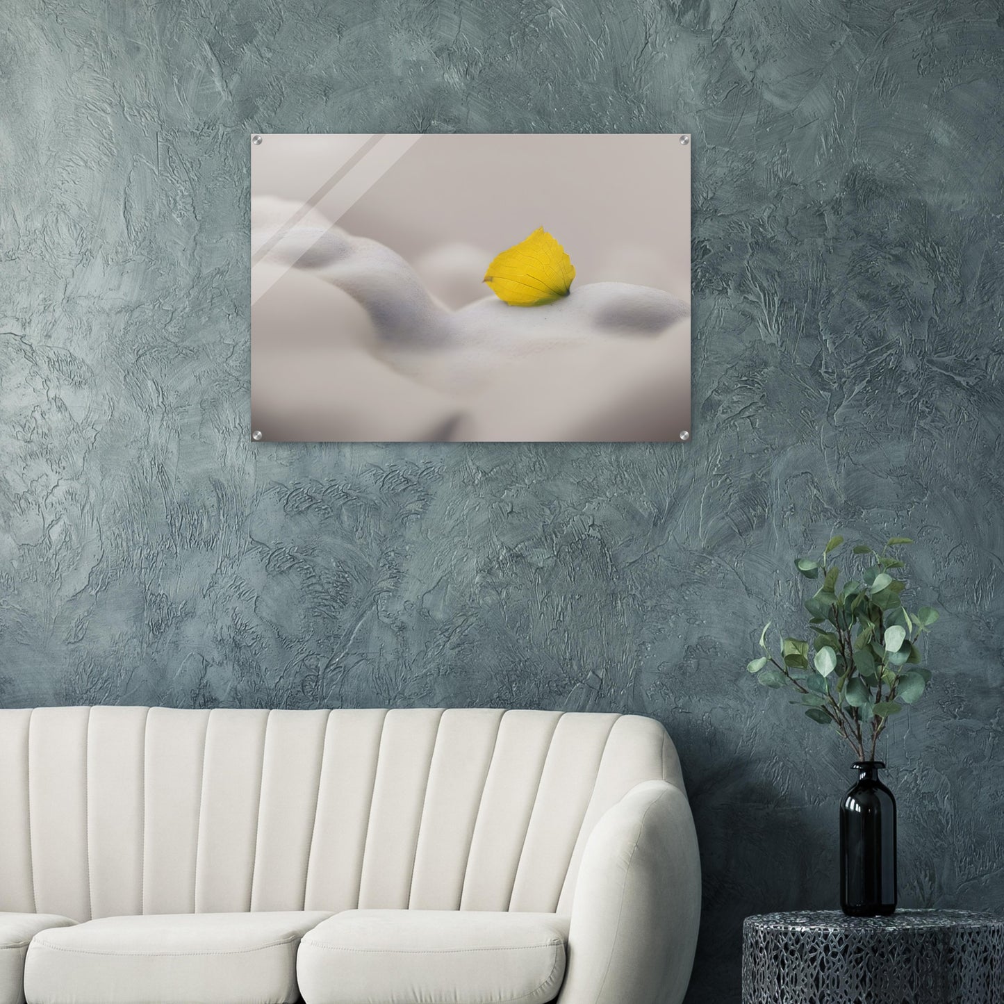 Stunning Minimalist Acrylic Print of Yellow Petal on Soft Clouds