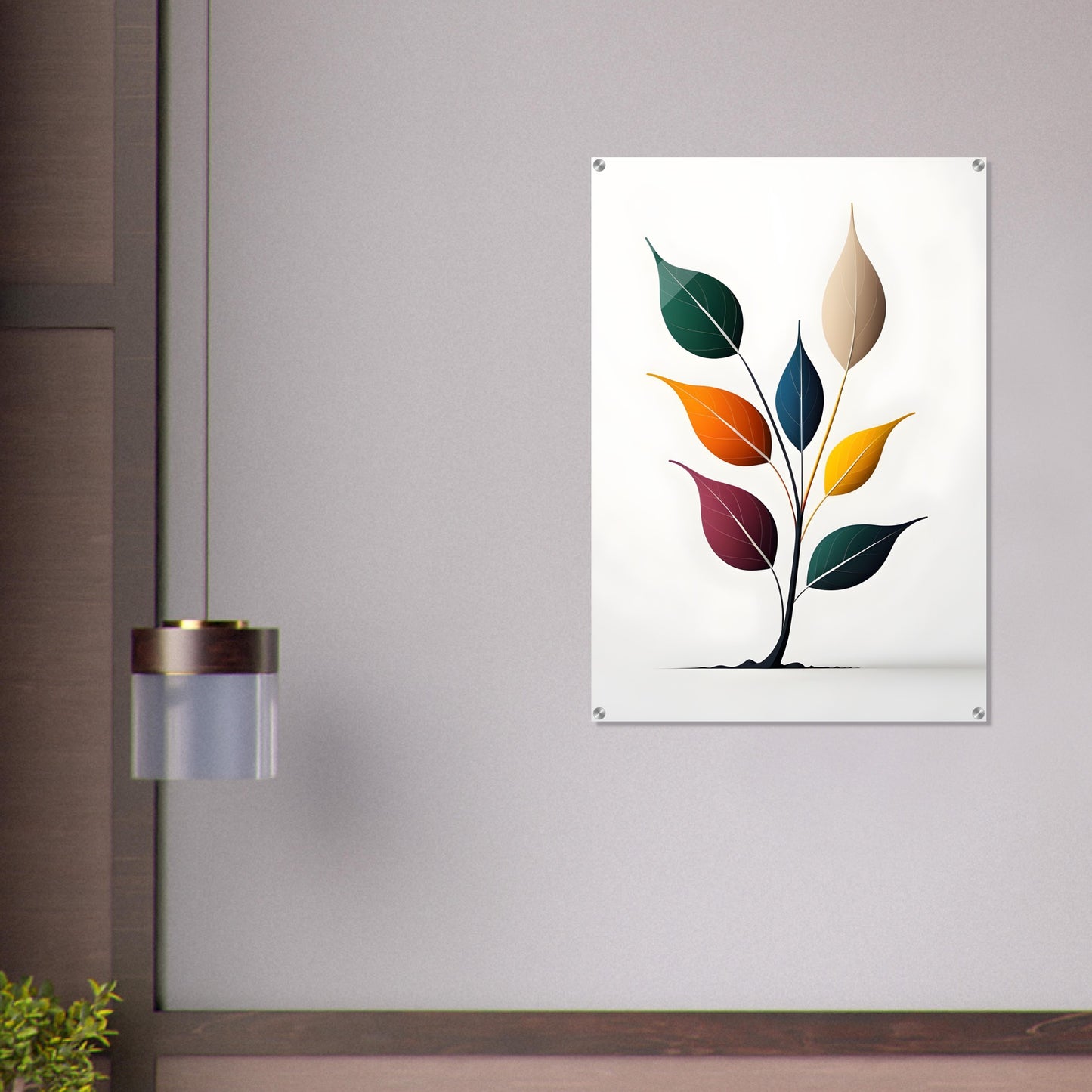 Vibrant Minimalist Abstract Acrylic Print of Colorful Leaves