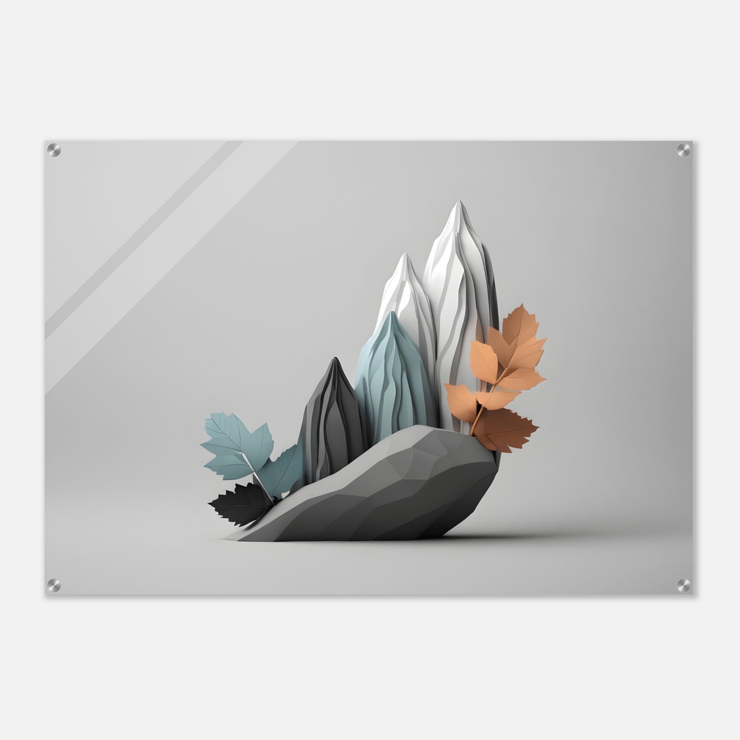 Stunning Minimalist Abstract Acrylic Print of Mountains and Leaves