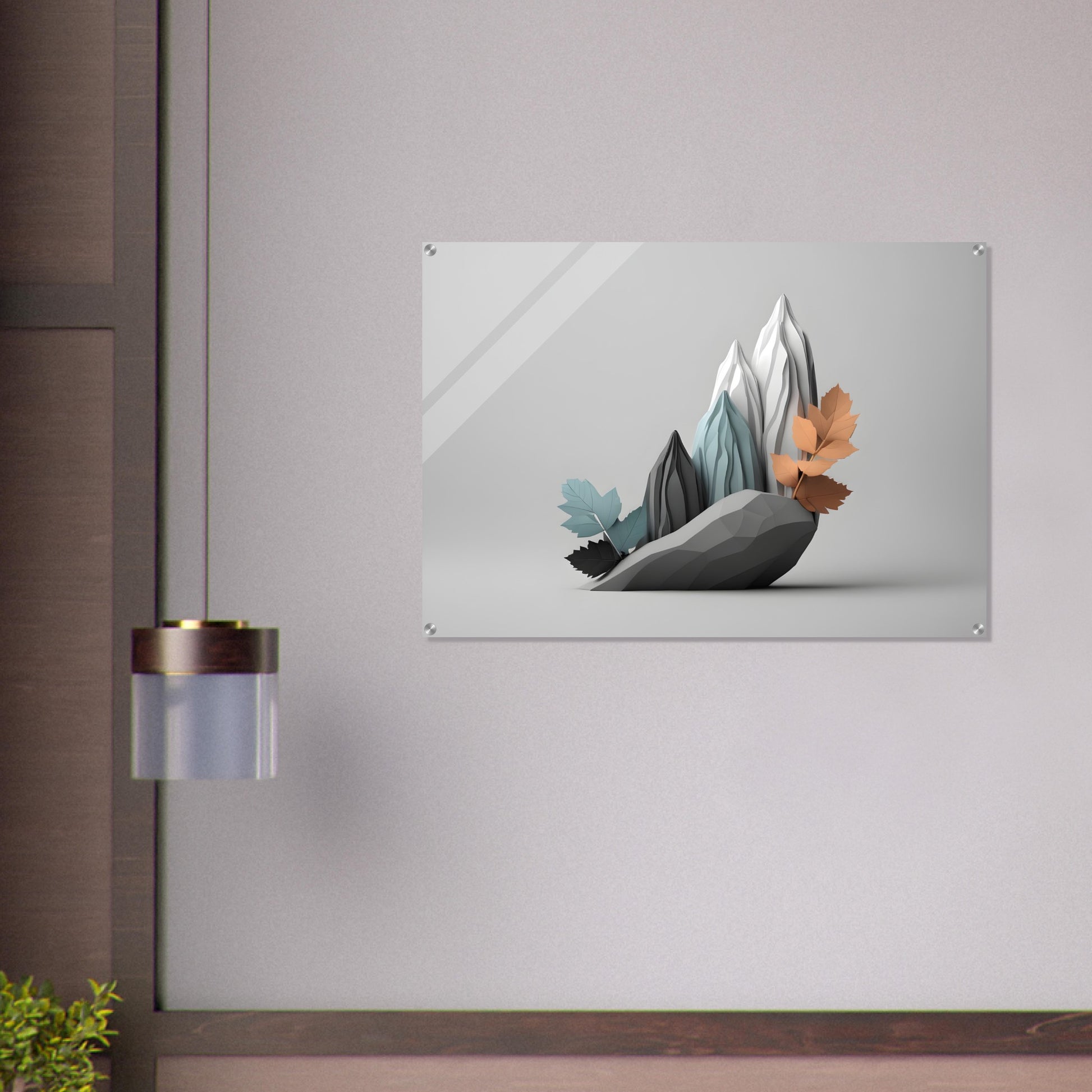 Stunning Minimalist Abstract Acrylic Print of Mountains and Leaves