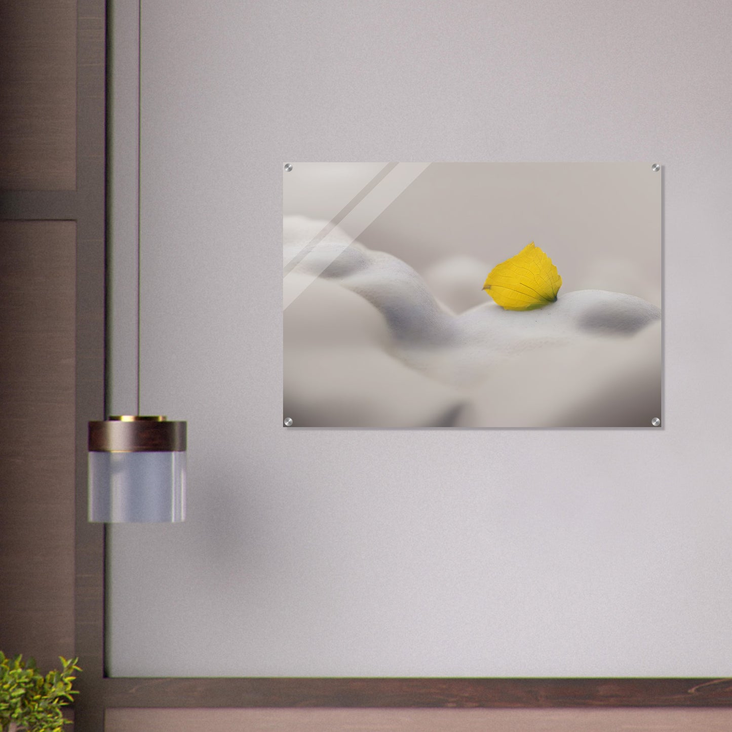 Stunning Minimalist Acrylic Print of Yellow Petal on Soft Clouds