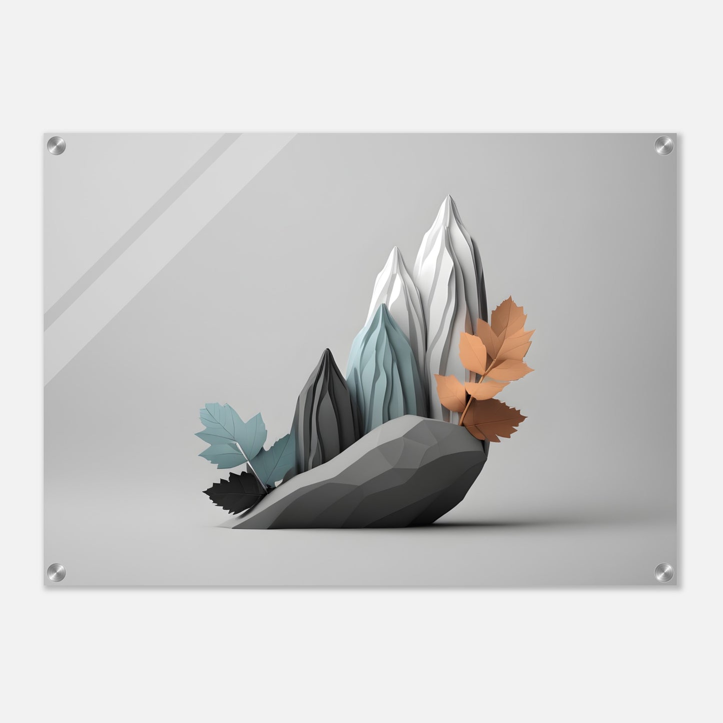 Stunning Minimalist Abstract Acrylic Print of Mountains and Leaves