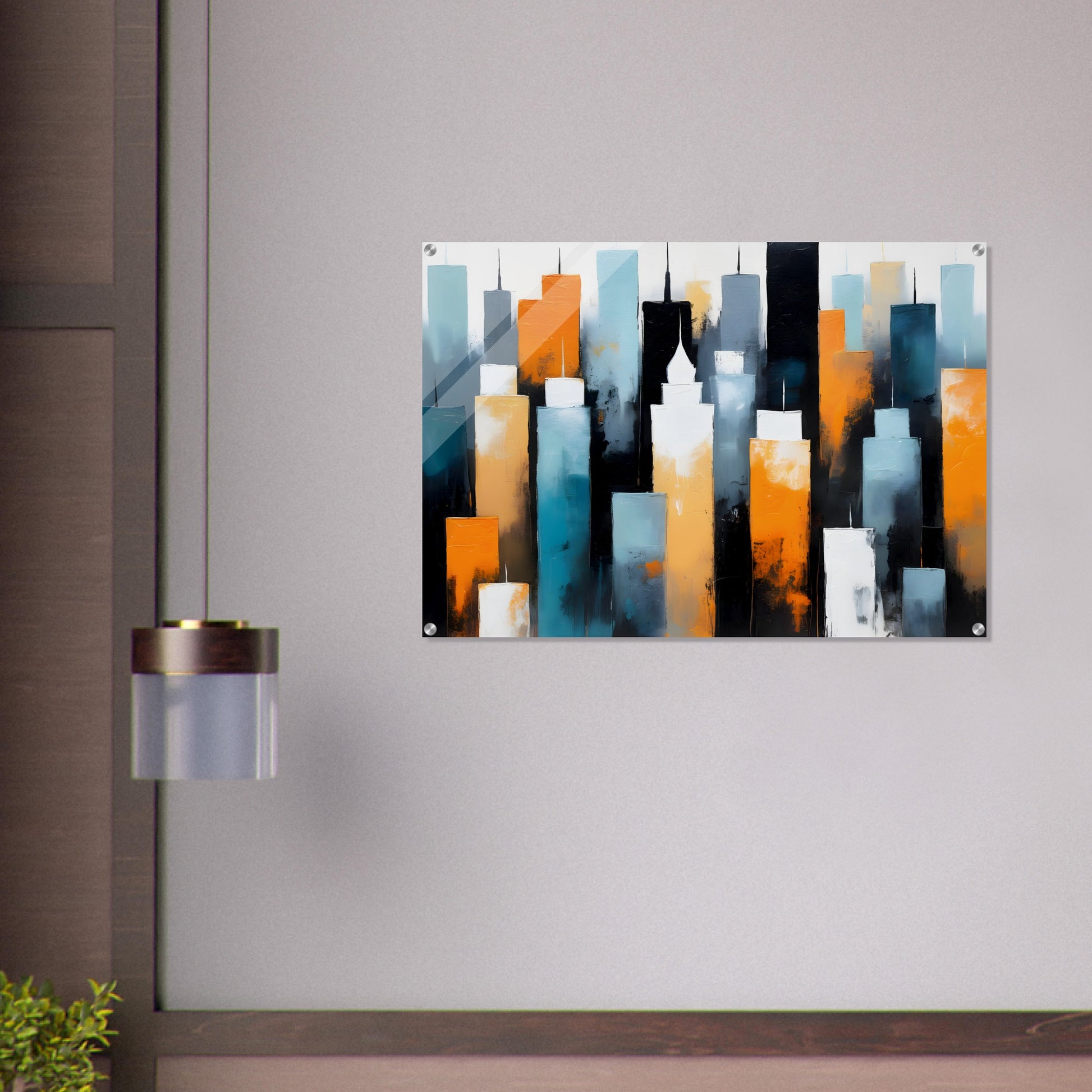 Vibrant Urban Dreams: Abstract Acrylic Skyline Print