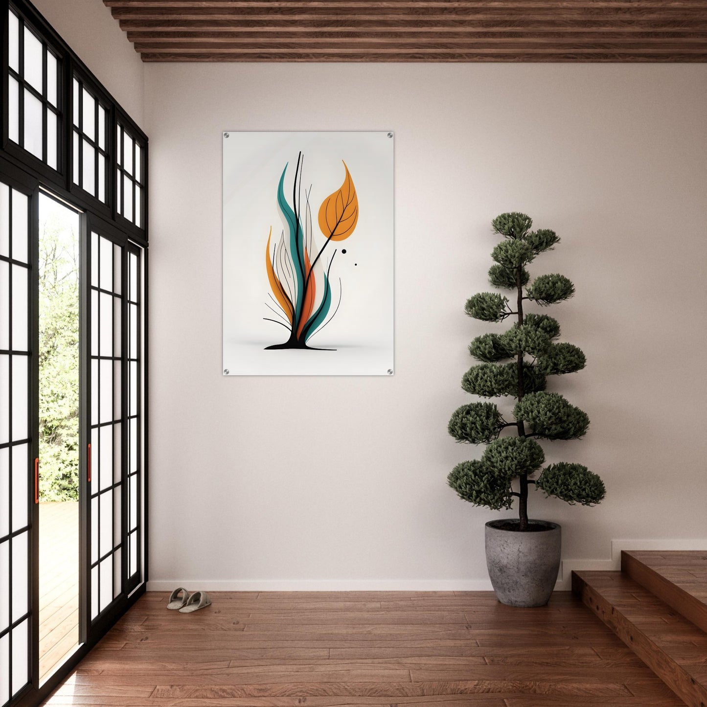 Acrylic glass wall art, Breeze Through Branches: A Minimalist Take on Nature’s Motion