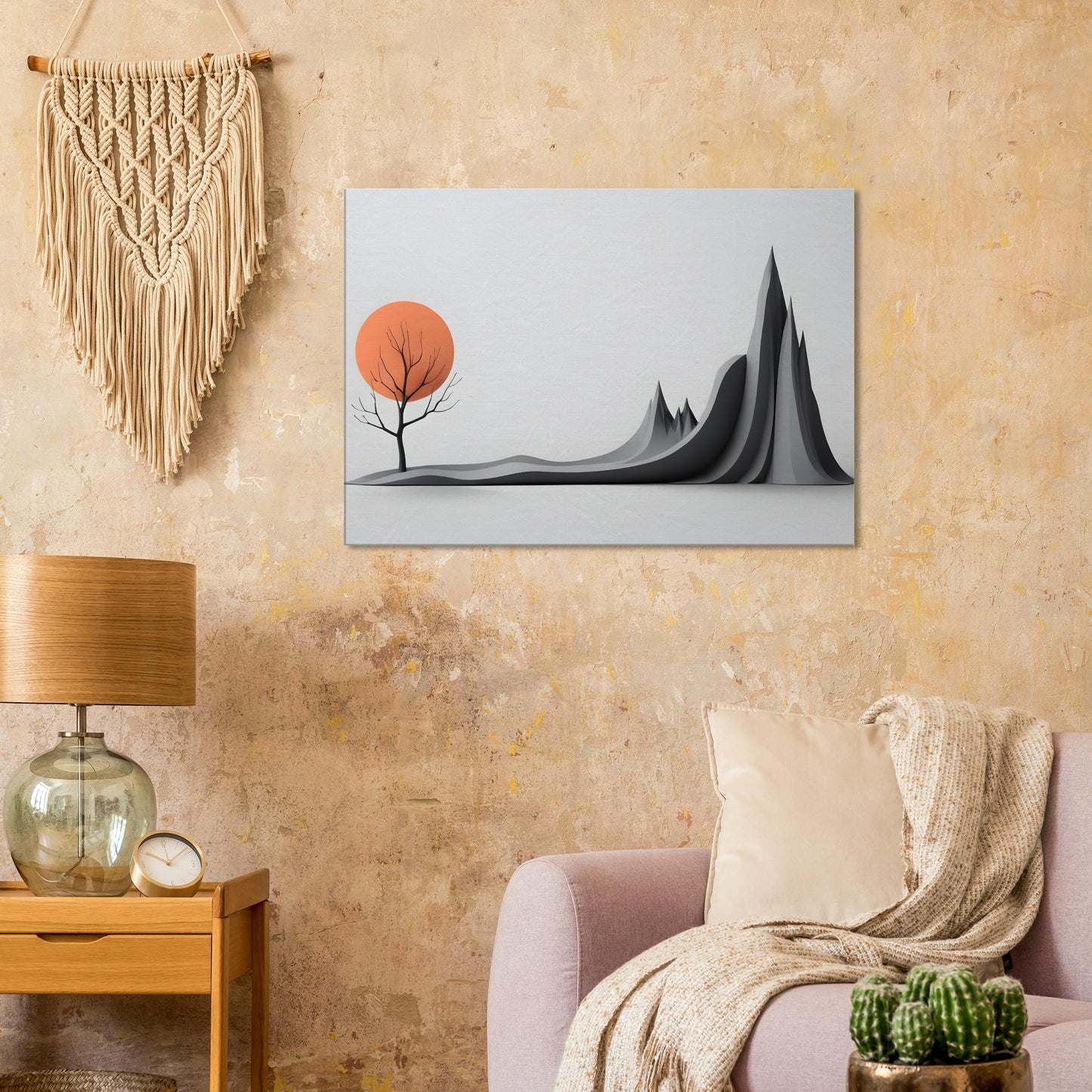 Minimalist Abstract Landscape Canvas Print with Orange Sun